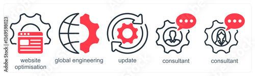A set of 5 business icons as website optimization, global engineering, update