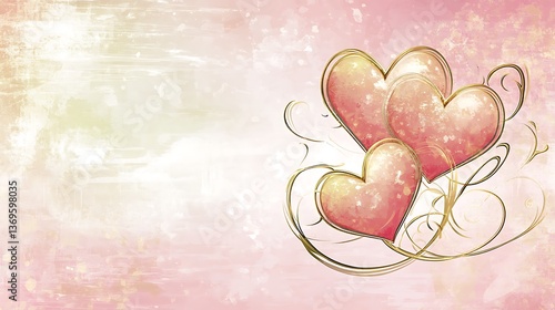 Three pink hearts with gold swirl decorative illustration