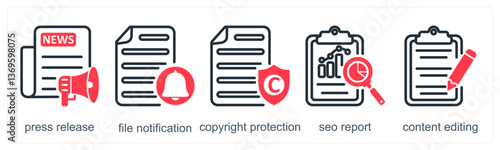 A set of 5 business icons as press release, file notification, copyright protection