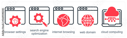 A set of 5 business icons as browser settings, search engine optimization, internet browsing