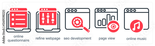 A set of 5 business icons as online questionnaire, refine webpage, seo development