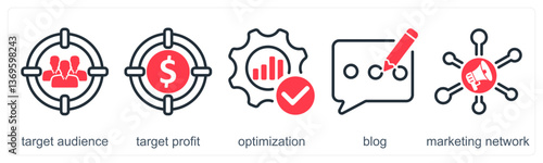 A set of 5 business icons as target audience, target profit, optimization