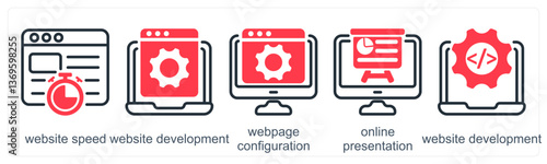 A set of 5 business icons as website speed, website development, webpage configuration