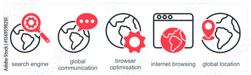 A set of 5 business icons as search engine, global communication, browser optimization