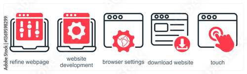A set of 5 business icons as refine webpage, website development, browser setting