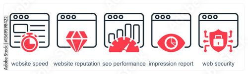 A set of 5 business icons as website speed, website reputation, seo performance
