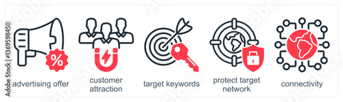 A set of 5 business icons as advertising offer, customer attraction, target keywords