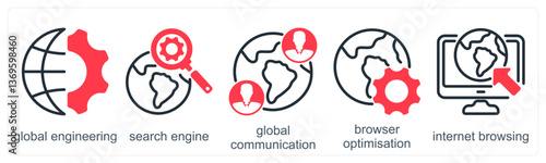 A set of 5 business icons as global engineering, search engine, global communication