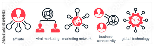 A set of 5 business icons as affiliate, viral marketing, marketing network