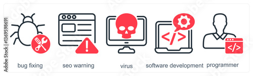 A set of 5 business icons as bug fixing, seo warning, virus