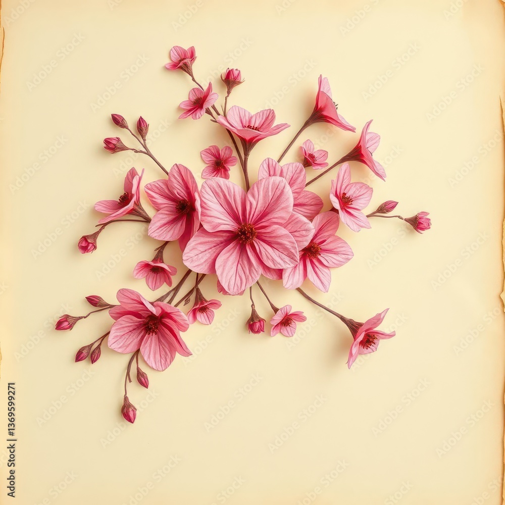 Fototapeta premium Delicate pink floral pattern on aged paper texture, pink paper, grunge, scrapbooking