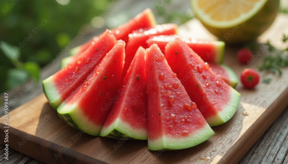 Freshly Cut Watermelon Slices on a Wooden Board with Water Droplets and Lemon Freshly Cut Watermelon Slices on a Wooden Board with Water Droplets and Lemon
