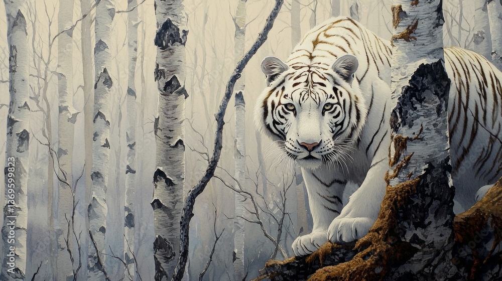 Fototapeta premium Captivating watercolor artwork depicting a white tiger surrounded by woodland scenery. 
