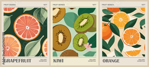 Set of Fruit market retro posters with grapefruit, kiwi, orange fruits. Kitchen wall art. Colorful vector illustrations