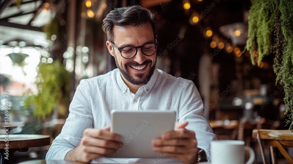 Happy Man Sitting at Cafe Table Using Tablet in Cozy Atmosphere Happy Man Sitting at Cafe Table Using Tablet in Cozy Atmosphere