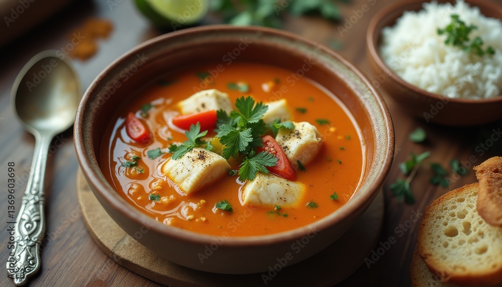 Delicious Fish Stew with Tomatoes, Herbs, and Rice Ready to Eat in Rustic Bowl Delicious Fish Stew with Tomatoes, Herbs, and Rice Ready to Eat in Rustic Bowl