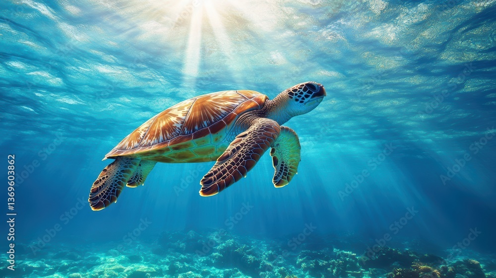 Obraz premium Ocean's Embrace: A sea turtle gracefully glides through the crystal-clear blue waters, illuminated by the sun's radiant beams, showcasing its shell. Witness its elegant dance beneath the surface.