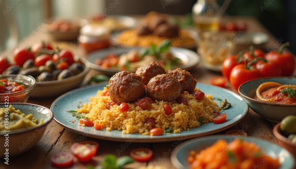 Fototapeta premium Delicious Mediterranean Feast: Meatballs, Rice, Tomatoes, and Olives on a Rustic Wooden Table