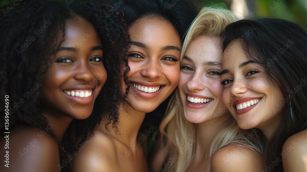 Fototapeta premium Diverse Women Smiling and Embracing Together in Nature