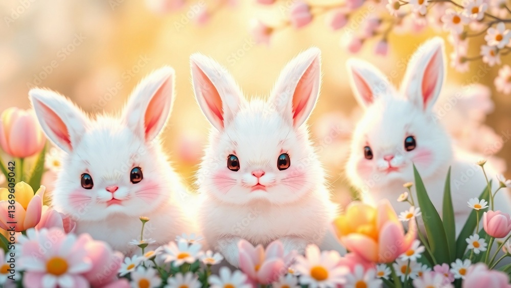 A charming and cute Easter wallpaper featuring fluffy white bunnies with expressive A charming and cute Easter wallpaper featuring fluffy white bunnies with expressive