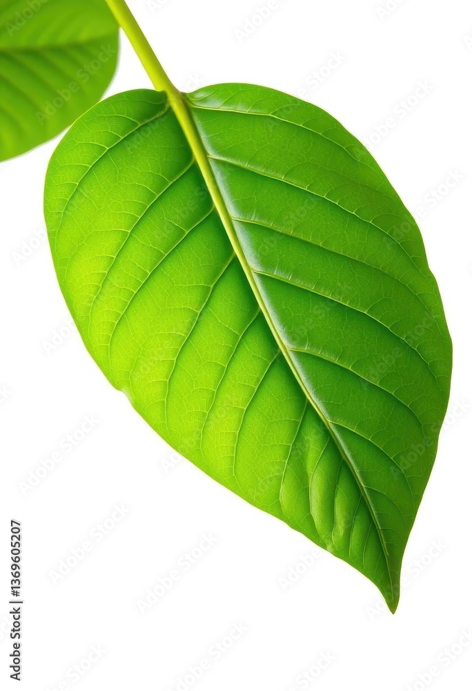 Obraz premium Single vibrant green cocoa leaf, isolated on pure white background, foliage, farming, botanical