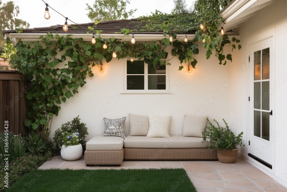 Fototapeta premium A white house with a patio area with a white wall and a green vine growing on it. The patio has a white bench with pillows and a potted plant. The lights are on, creating a warm