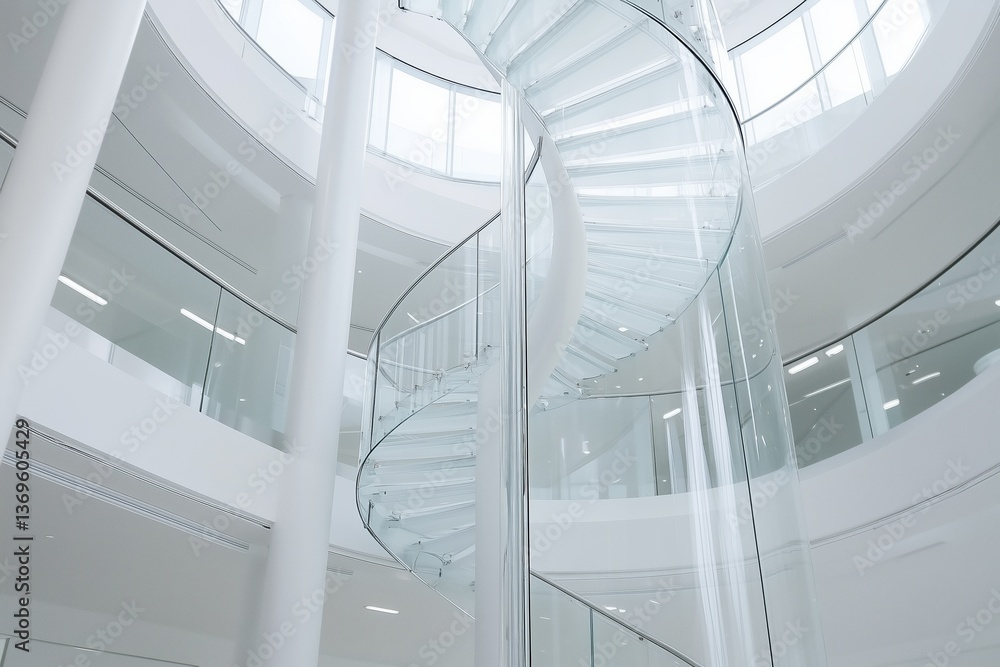 Fototapeta premium A spiral staircase in a glass building. The staircase is made of glass and is located in the middle of the building