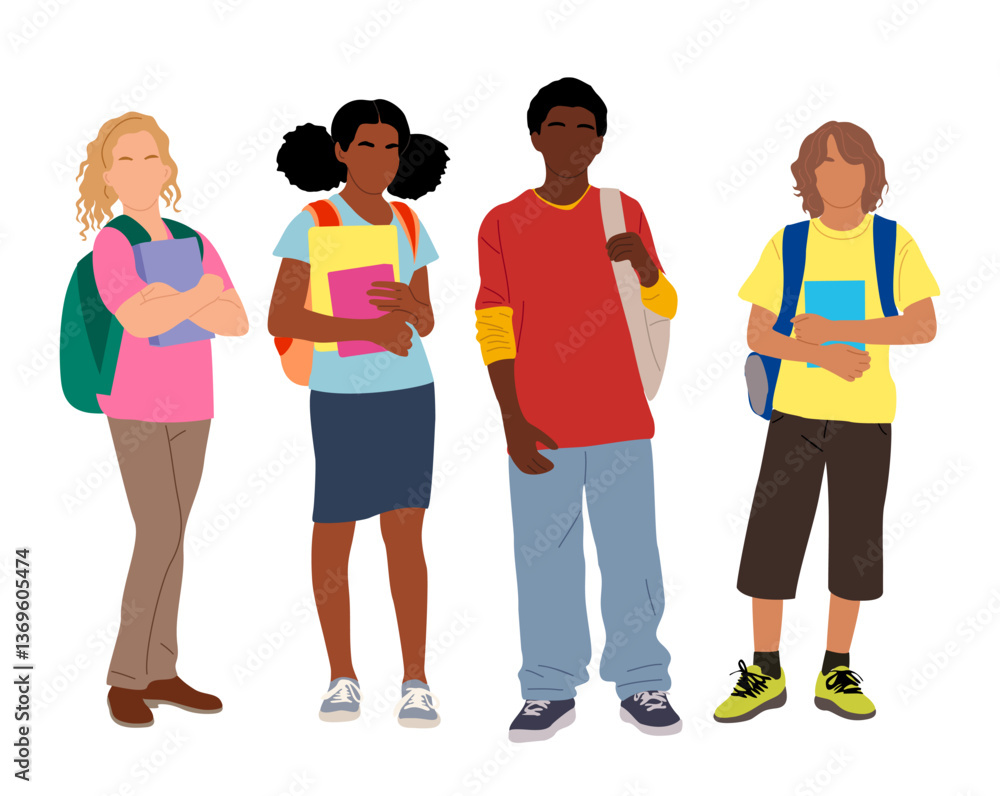 Fototapeta premium Set of different school kids standing, holding books. The children are wearing backpacks and colorful casual clothes. Back to school concept. Vector illustrations isolated on transparent background.