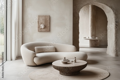 A living room with a white couch and a coffee table. The couch is covered in white fur and has a pillow on it. The room has a modern and minimalist style