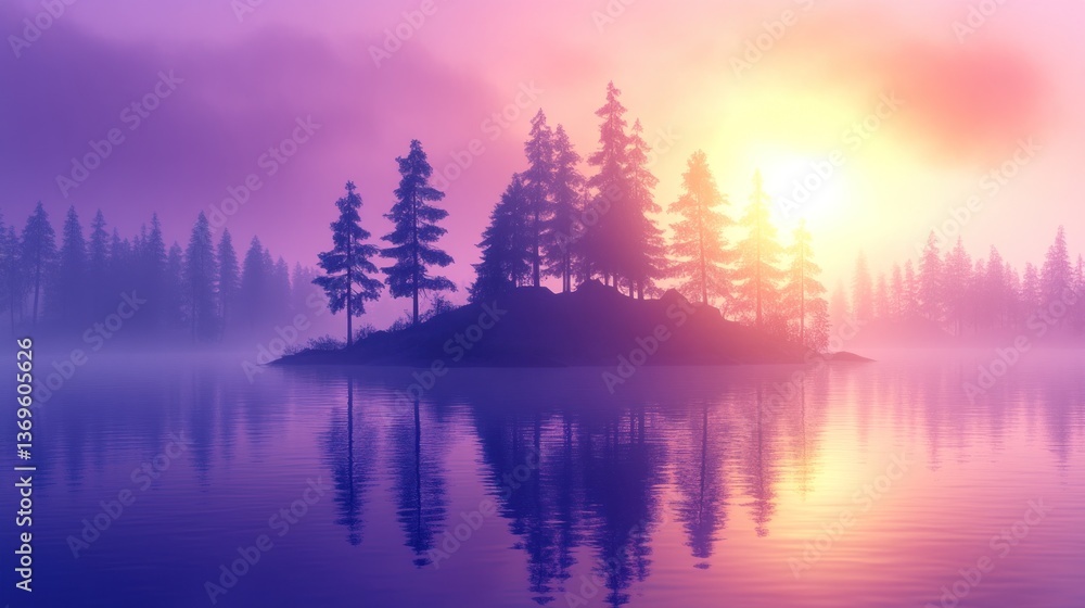 Fototapeta premium Misty Sunrise Over Island Forest Reflection