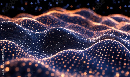 Abstract glowing particle waves on dark background for digital art
