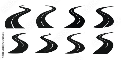 ​Set of Curved Road Silhouette Icons – Vector Highway and Street Path Symbols​

