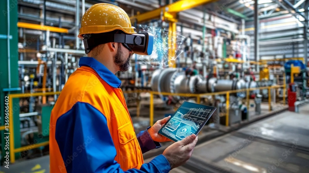 Industrial worker engaging with virtual reality technologies in a dynamic environment. Industrial worker engaging with virtual reality technologies in a dynamic environment.