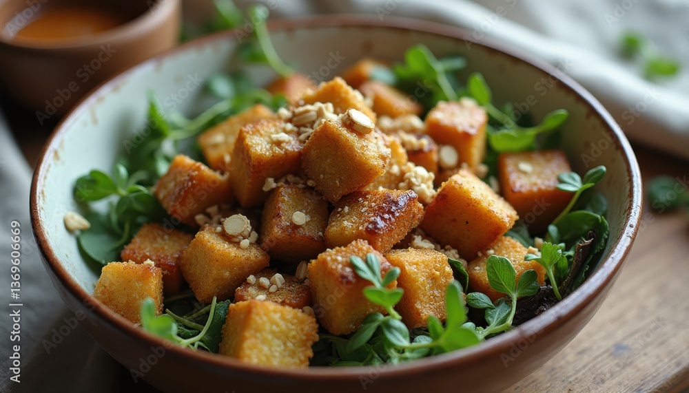 Crispy Tofu Salad with Sprouts and Nut Topping in a Rustic Bowl - Close-Up Food Photography Crispy Tofu Salad with Sprouts and Nut Topping in a Rustic Bowl - Close-Up Food Photography