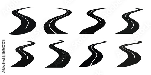 ​Silhouette Vector Icons of Curved Roads – Highway and Street Path Collection​
