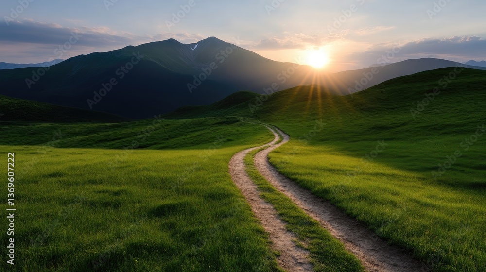 Winding path through a lush green valley at sunset, leading to mountains Winding path through a lush green valley at sunset, leading to mountains