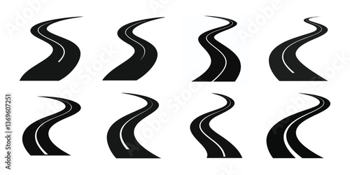 ​Vector Set of Curved Road Silhouette Icons – Highway and Street Path Symbols​

