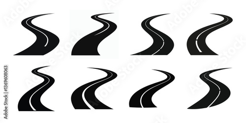 ​Curved Road Silhouette Icons Set – Vector Highway and Street Path Collection​
