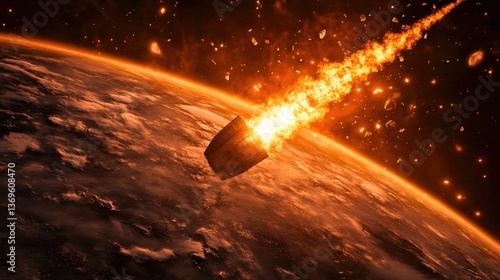 Fiery object falling, planet's fiery atmosphere, space debris.