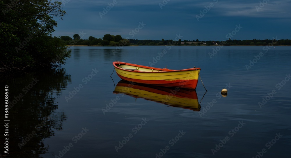 Serene twilight illuminates a small rowboat gently resting on calm water its reflection mirroring the peaceful evening ambiance. AI Generated Serene twilight illuminates a small rowboat gently resting on calm water its reflection mirroring the peaceful evening ambiance. AI Generated