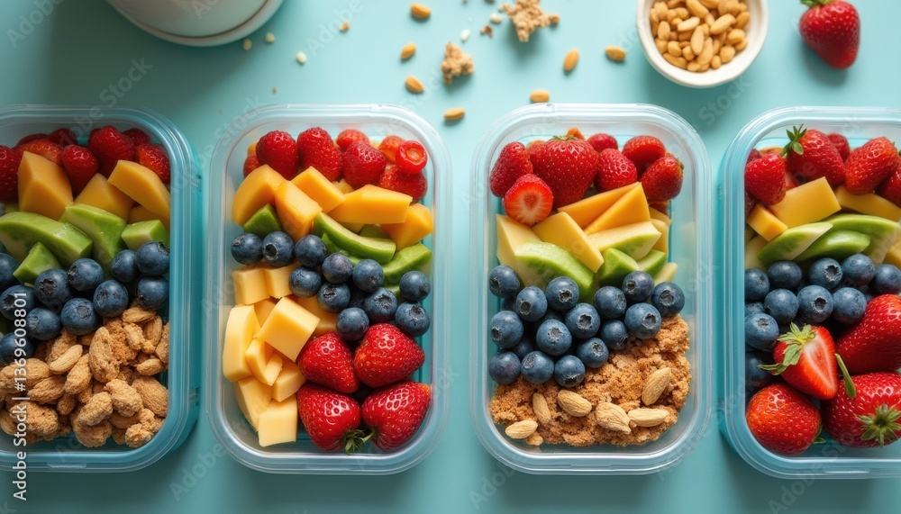 Bright Food Prep Containers with Fresh Berries, Mango, Apple, and Nuts on a Light Blue Surface Bright Food Prep Containers with Fresh Berries, Mango, Apple, and Nuts on a Light Blue Surface