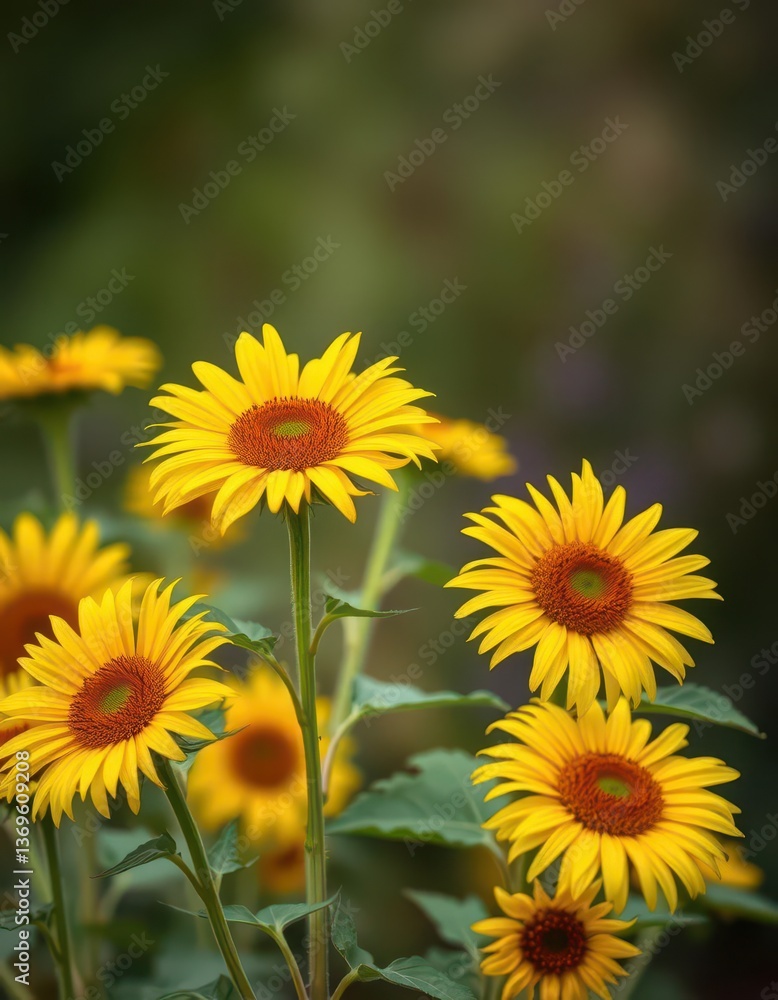 Vibrant yellow wild sunflowers in full bloom, blurred background, sunny, floral background, petals Vibrant yellow wild sunflowers in full bloom, blurred background, sunny, floral background, petals