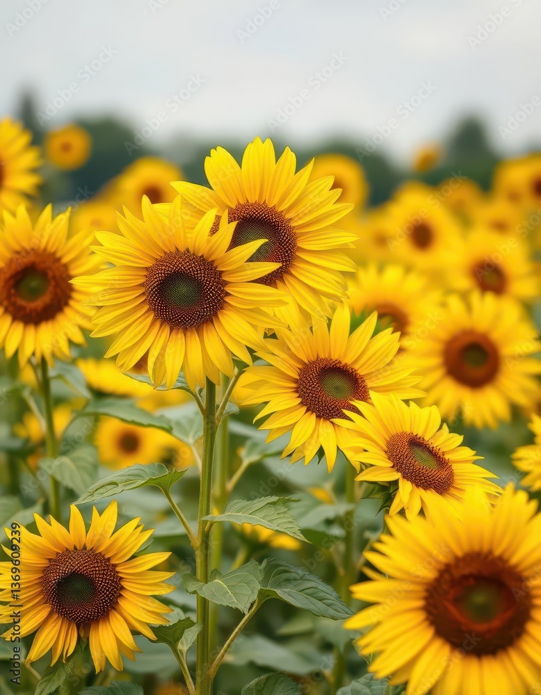 Vibrant yellow wild sunflowers in full bloom, blurred background, bright, natural Vibrant yellow wild sunflowers in full bloom, blurred background, bright, natural