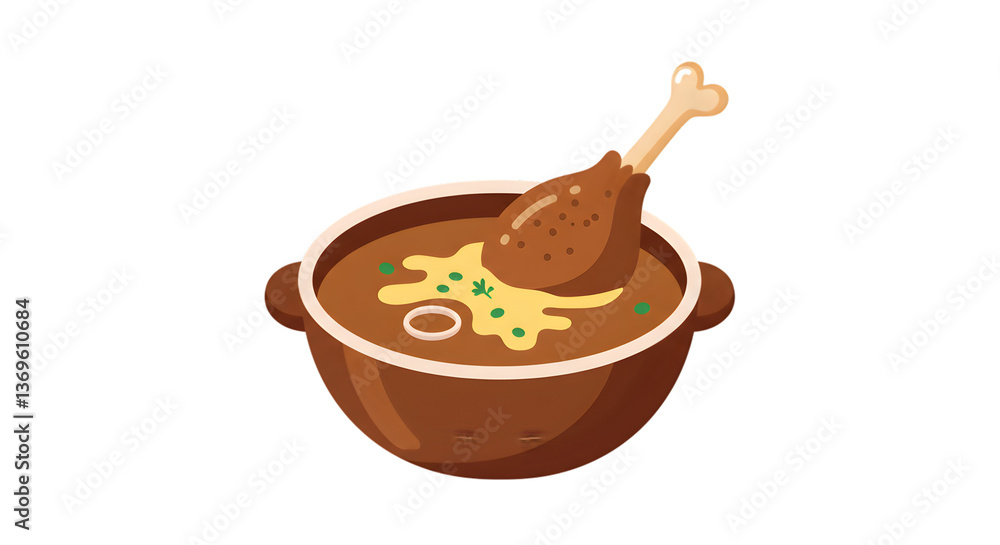 Fototapeta premium Chicken Soup In A Brown Pot Illustration