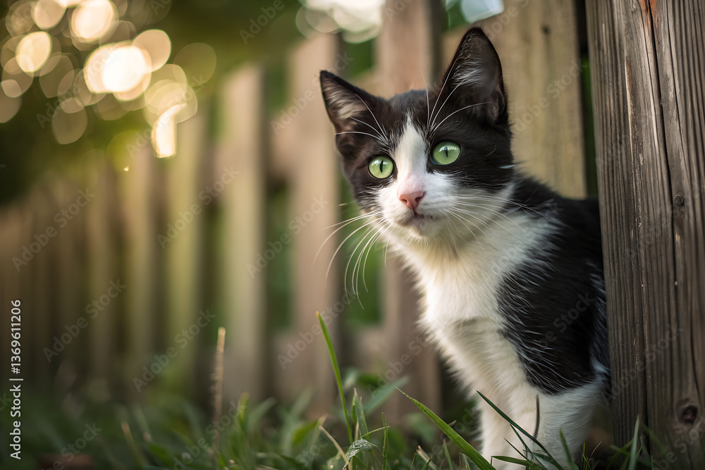 Obraz premium A curious kitten peeks out, eyes sparkling with playful energy. Its sleek, black and white coat contrasts against the textured wood of a rustic fence.