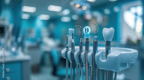 A high-resolution dentist tools background with LED-lit smart dental instruments
