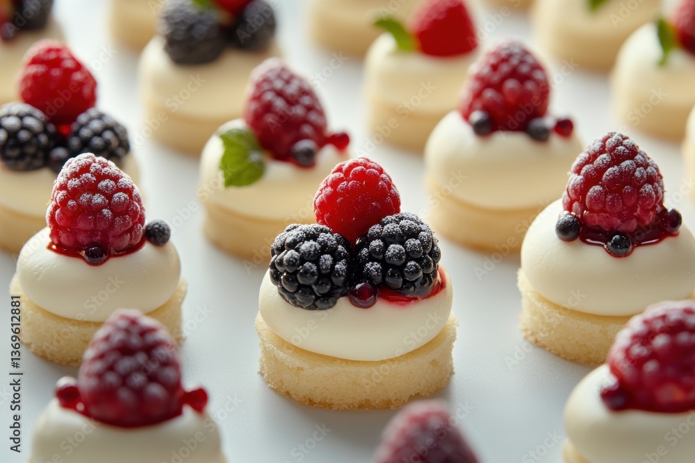Miniature Fruit Tarts: A delectable array of miniature fruit tarts, each crowned with vibrant berries, a visual symphony of flavors and textures. Perfect for culinary creations and celebrations.