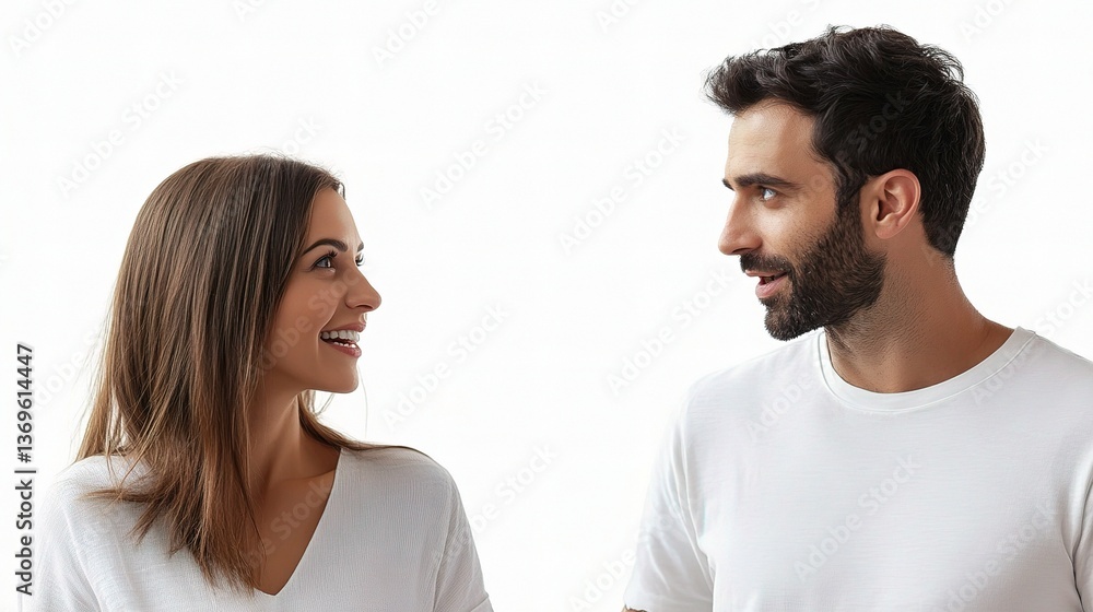 Engaging Conversation Between Woman and Man Against White Background Engaging Conversation Between Woman and Man Against White Background