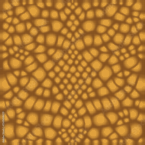 Digital spotted animal camouflage. Seamless snake camo pattern. Halftone dots monochrome background. Skin of chameleon. Gold brown color. Abstract texture, fabric print. Vector