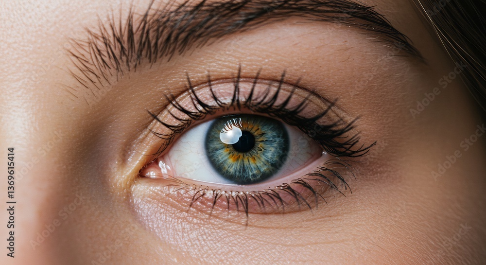 Obraz premium Close up eye green blue iris soft light. AI Generated